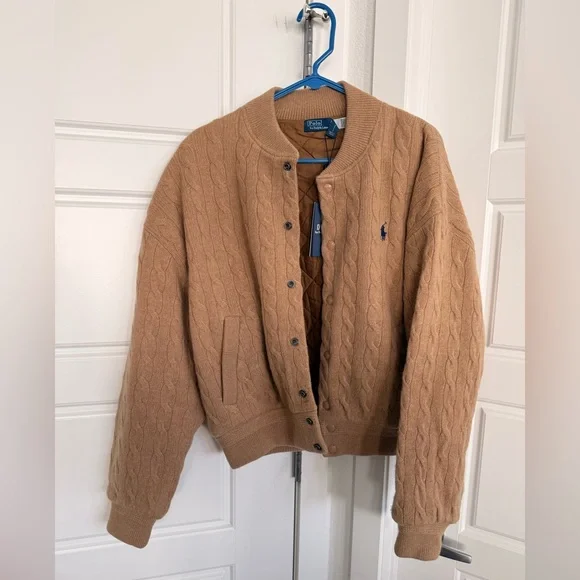 NWT Ralph Lauren - Cable-knit wool-cashmere bomber jacket, size Small, in Camel - Picture 7 of 12